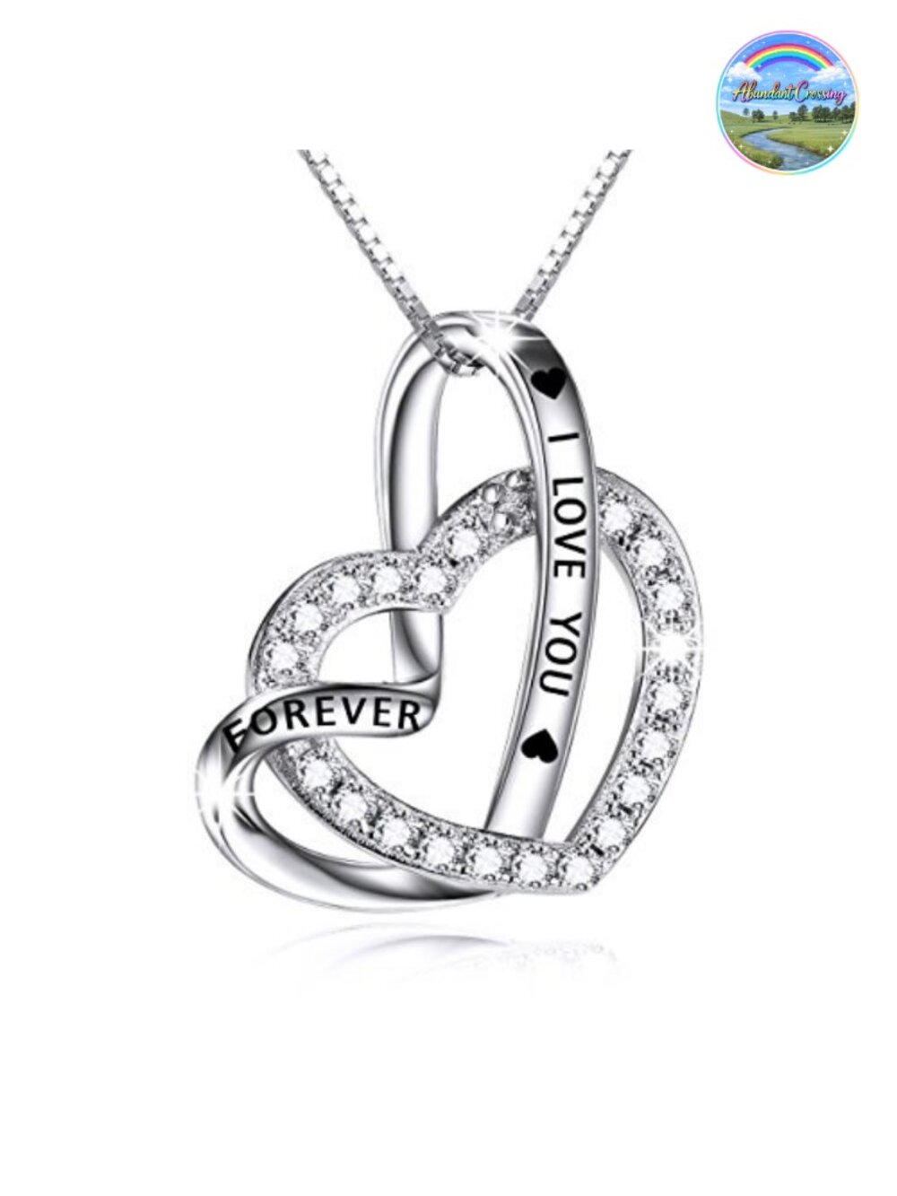 Sterling Silver Heart Pendant Necklace with Cubic Zirconia CZ, Engraved I Love